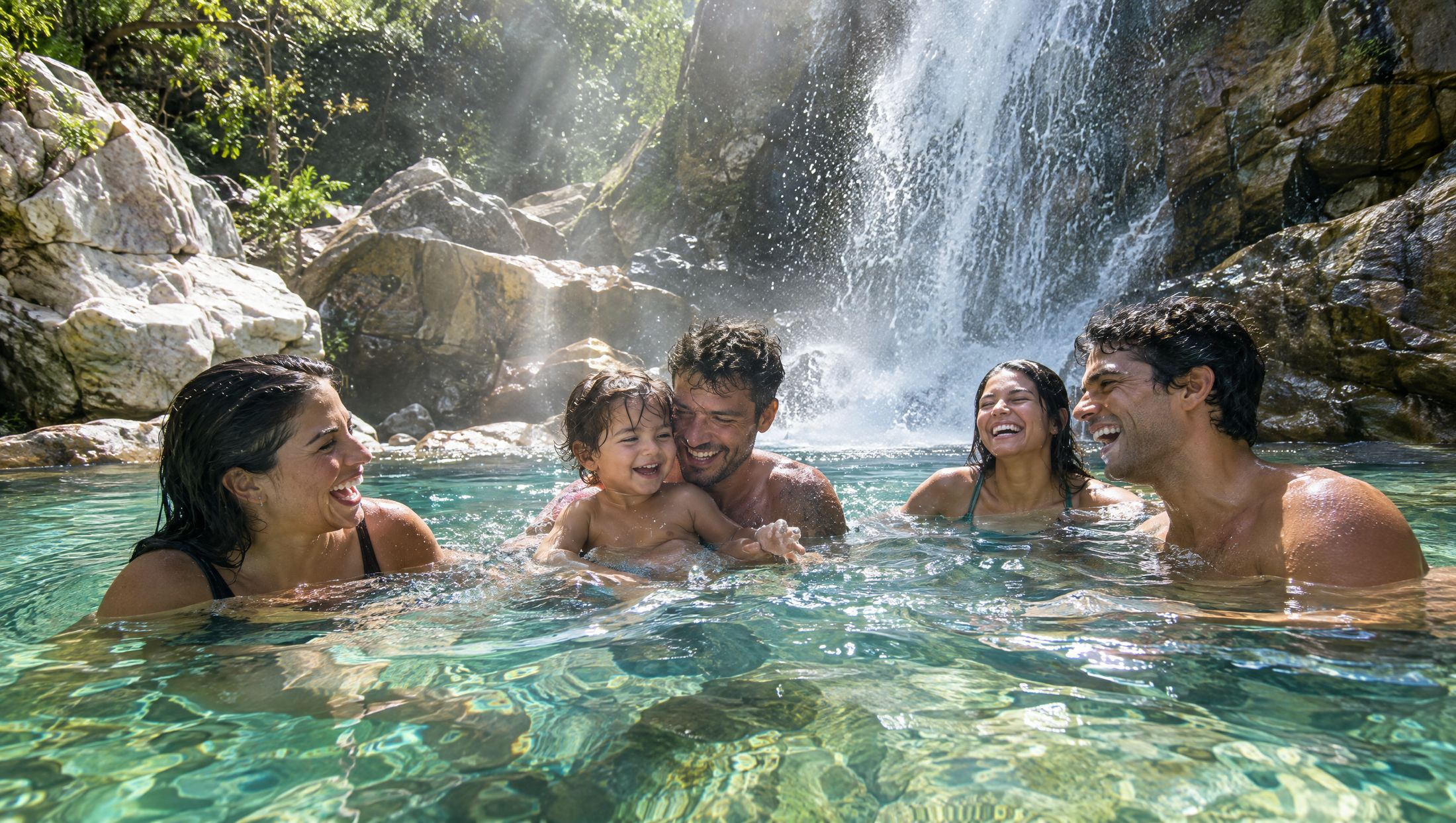 Família e amigos rindo num poço de água cristalina sob uma cachoeira