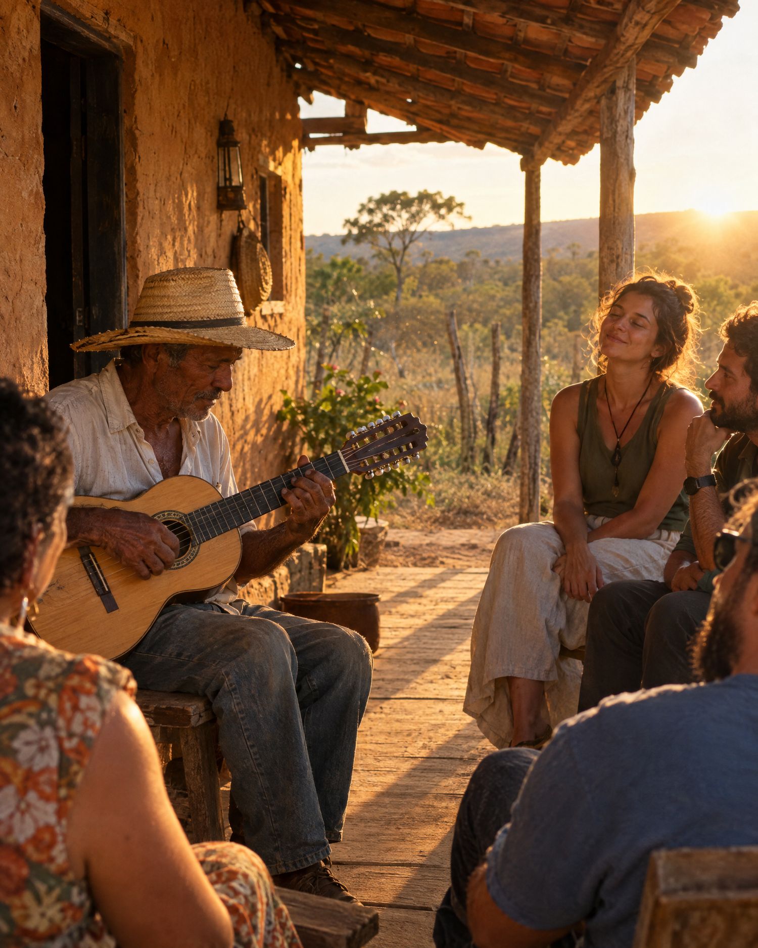 Morador tocando viola caipira na varanda para um grupo de visitantes ao entardecer