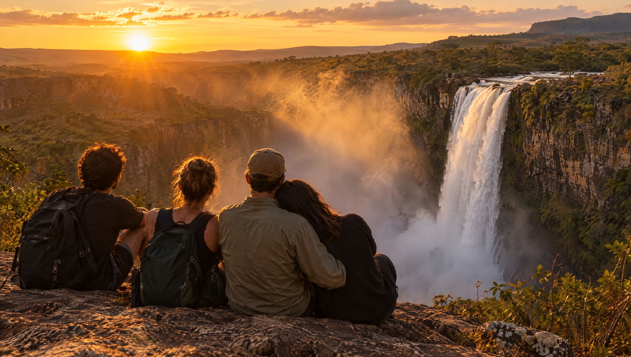 Grupo abraçado numa pedra olhando uma cachoeira ao pôr do sol