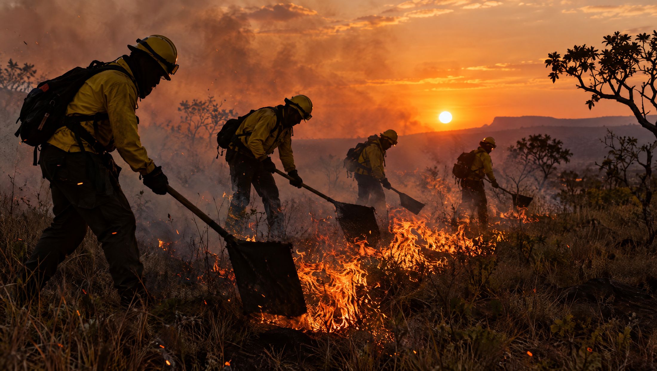 Brigadistas voluntários controlando uma linha de fogo no Cerrado ao entardecer