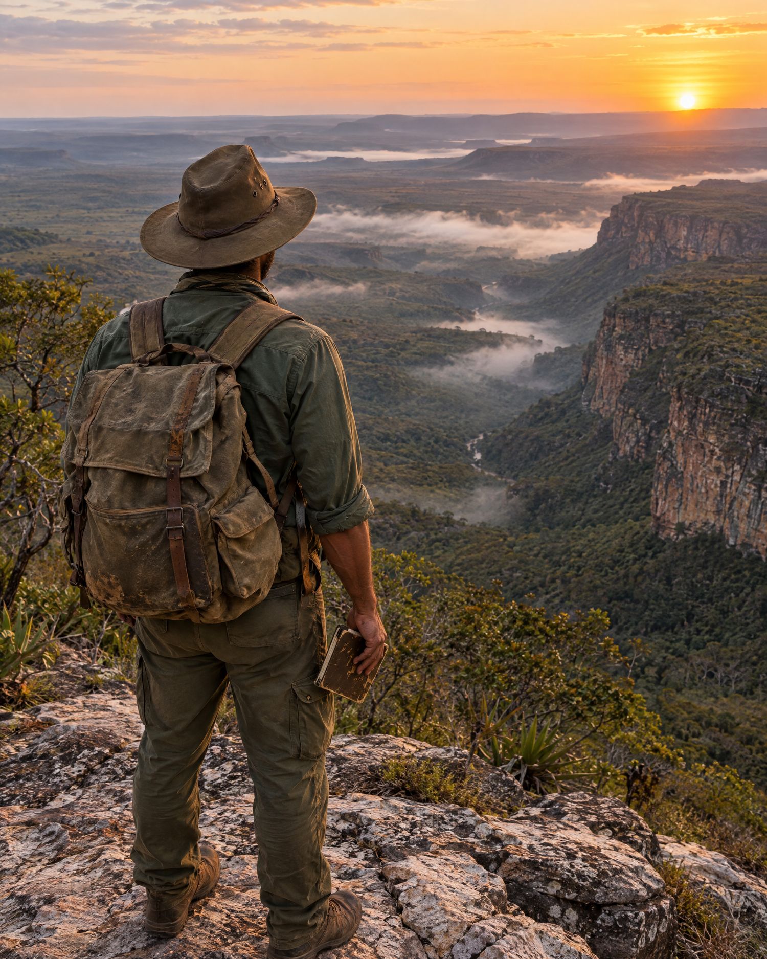 Guia de costas, de chapéu e mochila, olhando o cânion ao nascer do sol