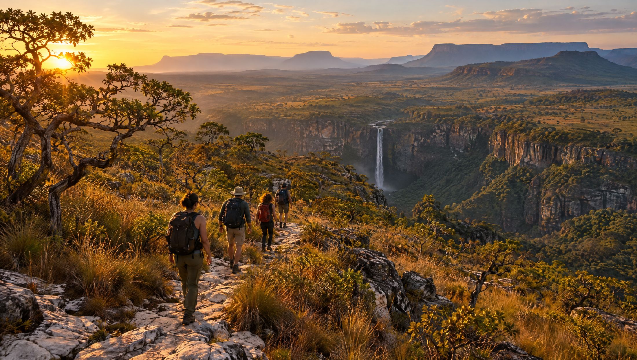 Grupo caminhando numa trilha de quartzito sobre o Cerrado da Chapada dos Veadeiros ao pôr do sol