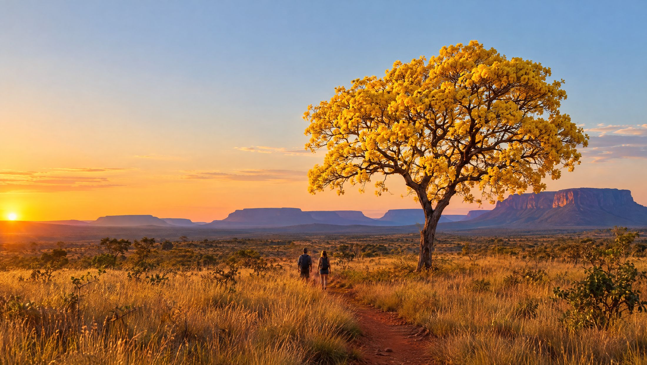 Ipê-amarelo florido sozinho no Cerrado ao pôr do sol